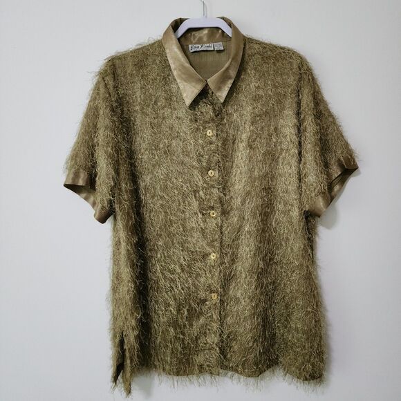 Erica Brooke Collection Womens Evening Button-Down Top Olive Green Fuzzy Size 20 - Picture 1 of 7